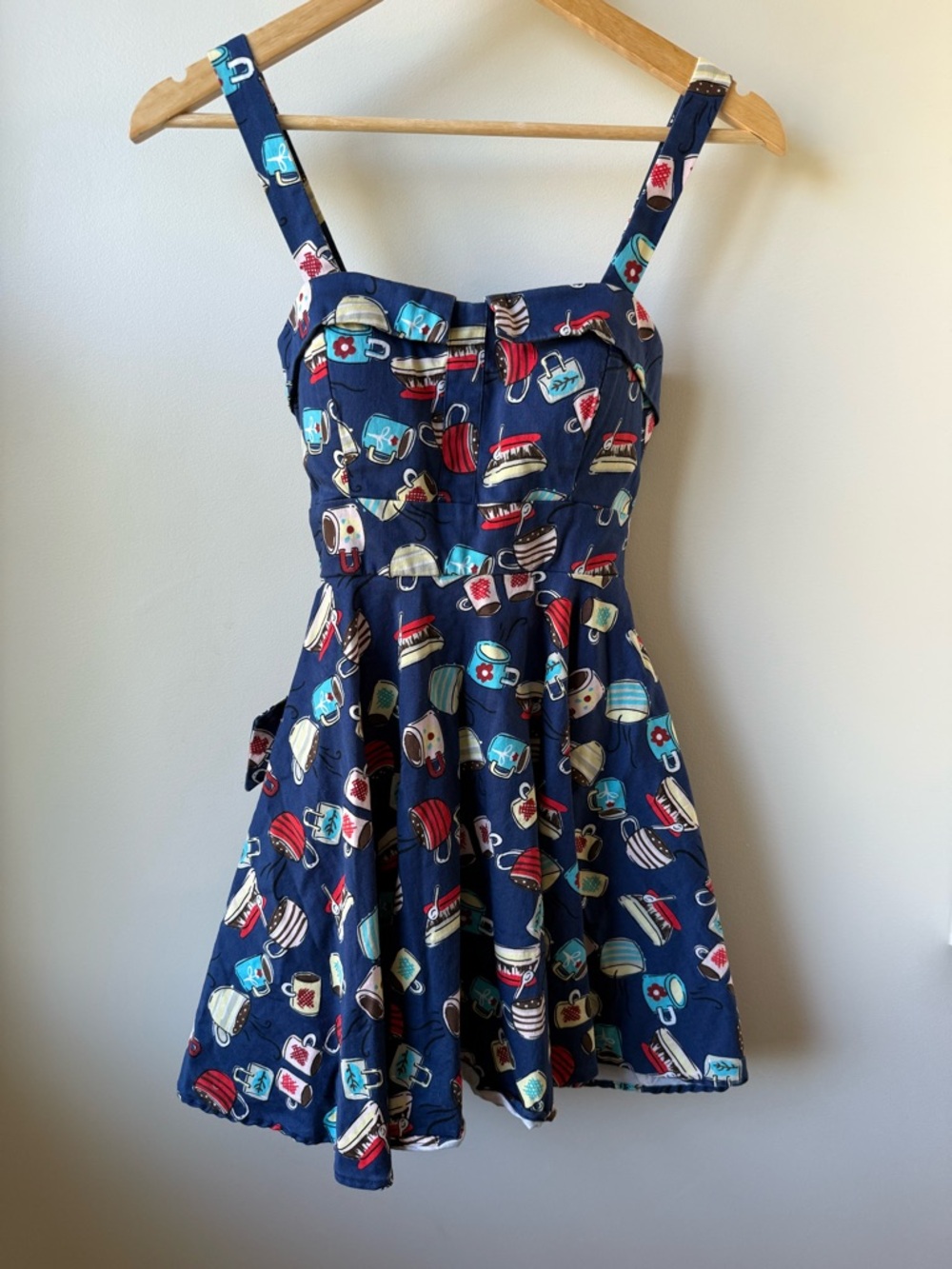 IXIA Coffee Cup Dress Retro PinUp Novelty Twee Whimsy Kitschy Rockabilly Blue XS
